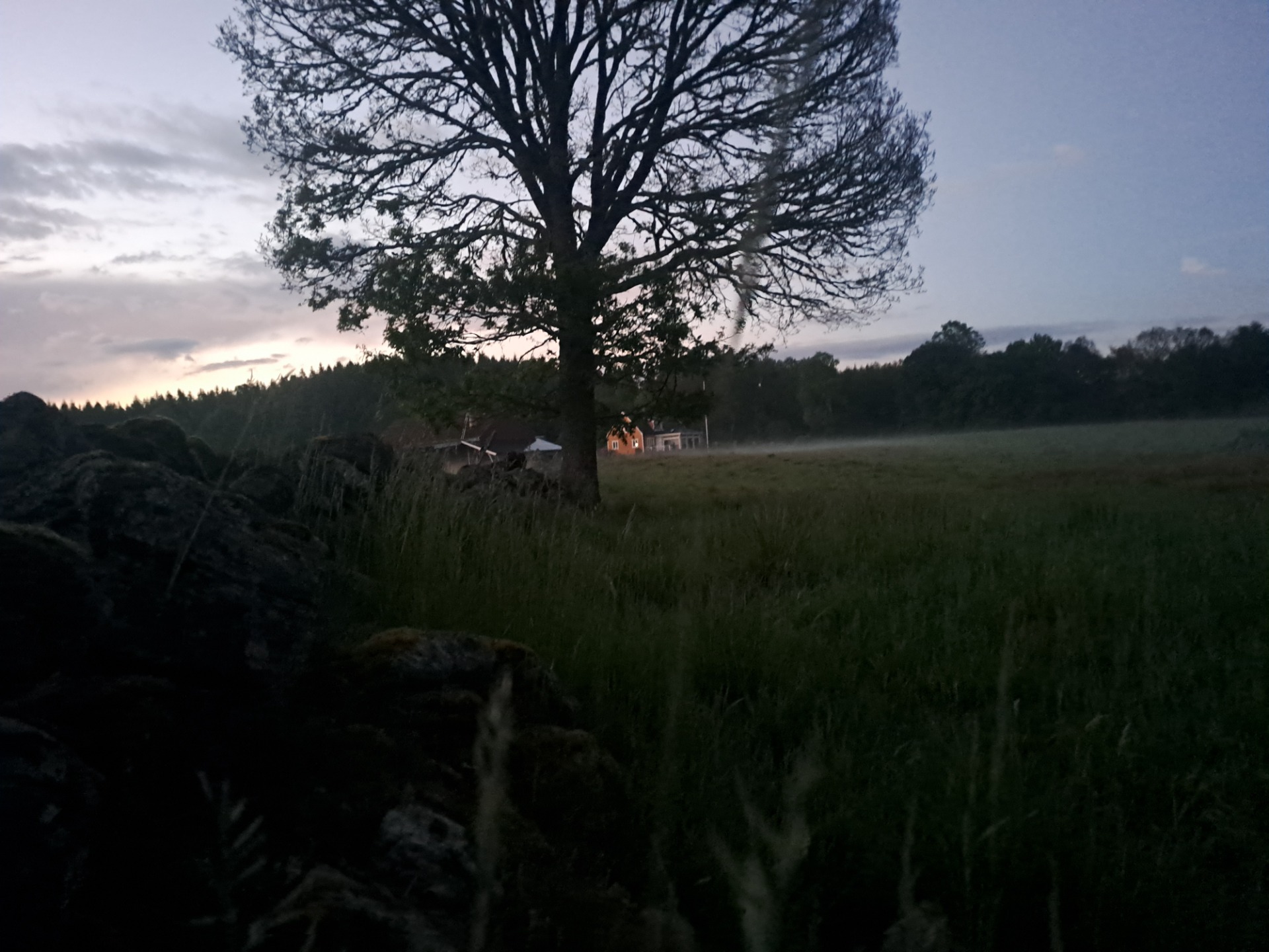 Når jeg har kommet over kollen og ser gården foran meg blir det en god pause der jeg bare kan sitte inntil en av de mange steinmurene som finnes her i Skåne.